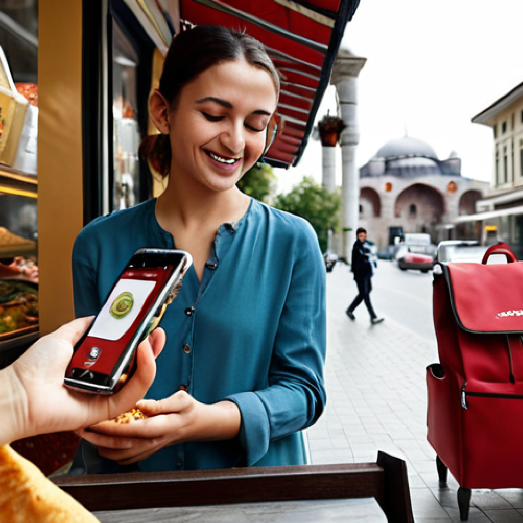 **

A happy woman using a "Too Good To Go" app on her phone, with a bag of discounted food from a local Istanbul restaurant in her other hand. The restaurant is visible in the background. Focus on reducing food waste in a modern Turkish city.

**
