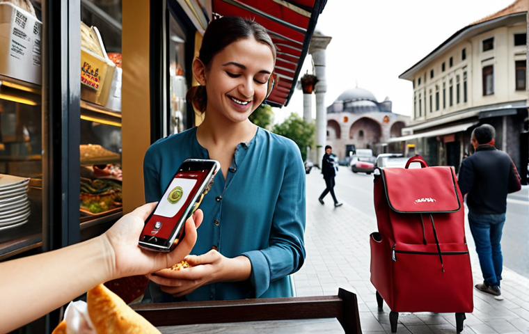 **
A happy woman using a "Too Good To Go" app on her phone, with a bag of discounted food from a local Istanbul restaurant in her other hand. The restaurant is visible in the background. Focus on reducing food waste in a modern Turkish city.
**