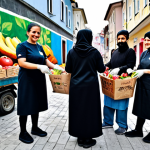 **

"A community food sharing event in a bustling Istanbul neighborhood. Volunteers wearing modest clothing are sorting donated groceries. Families are gratefully receiving bags of fresh produce and pantry staples. Background: A colorful mural depicting unity and generosity. Focus on happy, engaged faces. safe for work, appropriate content, fully clothed, family-friendly, professional photography, perfect anatomy, natural proportions, well-formed hands, proper finger count, natural body proportions."

**