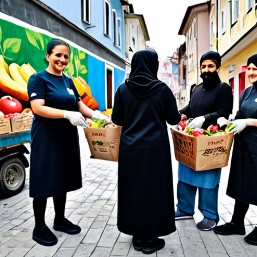**

"A community food sharing event in a bustling Istanbul neighborhood. Volunteers wearing modest clothing are sorting donated groceries. Families are gratefully receiving bags of fresh produce and pantry staples. Background: A colorful mural depicting unity and generosity. Focus on happy, engaged faces. safe for work, appropriate content, fully clothed, family-friendly, professional photography, perfect anatomy, natural proportions, well-formed hands, proper finger count, natural body proportions."

**