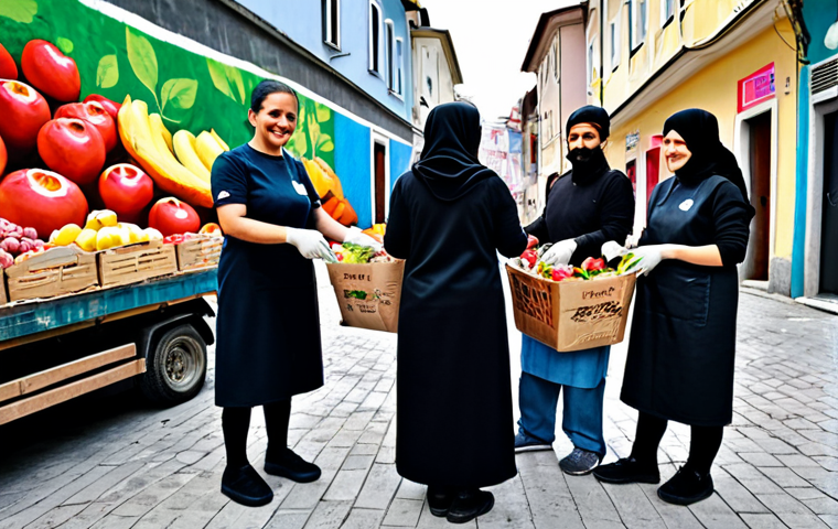 **

"A community food sharing event in a bustling Istanbul neighborhood. Volunteers wearing modest clothing are sorting donated groceries. Families are gratefully receiving bags of fresh produce and pantry staples. Background: A colorful mural depicting unity and generosity. Focus on happy, engaged faces. safe for work, appropriate content, fully clothed, family-friendly, professional photography, perfect anatomy, natural proportions, well-formed hands, proper finger count, natural body proportions."

**